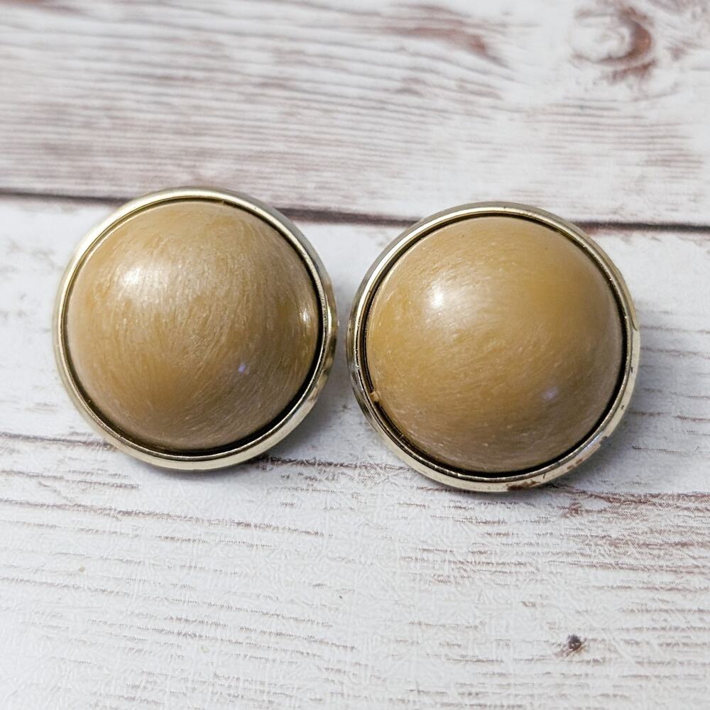 Vintage Clip On Earrings - Chunky Domed Tan with Gold Tone Halo - Fair Condition